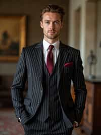 woman trying on a sophisticated pinstripe suit with a waistcoat and a burgundy tie