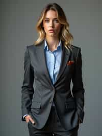 woman showcasing a modern slim-fit charcoal with a light blue dress shirt and a contrasting pocket square