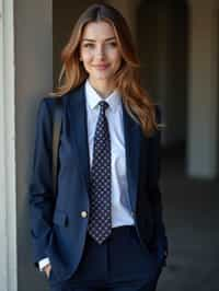 woman wearing a classic navy blue suit with a crisp white dress shirt and a patterned tie