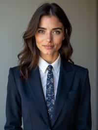 woman wearing a classic navy blue suit with a crisp white dress shirt and a patterned tie