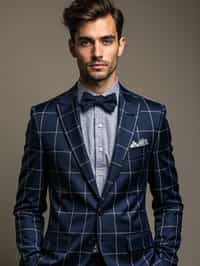 handsome and stylish man showcasing a unique windowpane check suit in a navy blue color with a patterned shirt and a contrasting bow tie