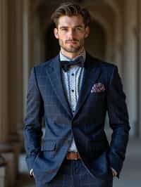 handsome and stylish man showcasing a unique windowpane check suit in a navy blue color with a patterned shirt and a contrasting bow tie