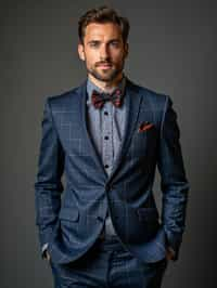 handsome and stylish man showcasing a unique windowpane check suit in a navy blue color with a patterned shirt and a contrasting bow tie