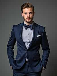 handsome and stylish man showcasing a unique windowpane check suit in a navy blue color with a patterned shirt and a contrasting bow tie