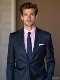 handsome and stylish man wearing a classic navy herringbone suit with a light pink dress shirt and a polka dot tie