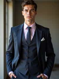 handsome and stylish man wearing a classic navy herringbone suit with a light pink dress shirt and a polka dot tie