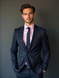 handsome and stylish man wearing a classic navy herringbone suit with a light pink dress shirt and a polka dot tie