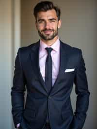 handsome and stylish man wearing a classic navy herringbone suit with a light pink dress shirt and a polka dot tie