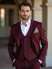 handsome and stylish man trying on a stylish three-piece suit in a rich burgundy color with a crisp white shirt and a paisley patterned pocket square