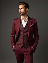 handsome and stylish man trying on a stylish three-piece suit in a rich burgundy color with a crisp white shirt and a paisley patterned pocket square