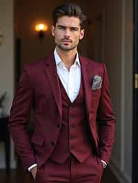 handsome and stylish man trying on a stylish three-piece suit in a rich burgundy color with a crisp white shirt and a paisley patterned pocket square