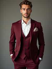 handsome and stylish man trying on a stylish three-piece suit in a rich burgundy color with a crisp white shirt and a paisley patterned pocket square