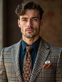 handsome and stylish man showcasing a dappersuit in a bold plaid pattern with a solid-colored shirt and a knitted tie