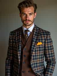 handsome and stylish man showcasing a dappersuit in a bold plaid pattern with a solid-colored shirt and a knitted tie