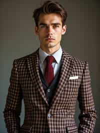 handsome and stylish man showcasing a dappersuit in a bold plaid pattern with a solid-colored shirt and a knitted tie