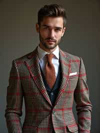 handsome and stylish man showcasing a dappersuit in a bold plaid pattern with a solid-colored shirt and a knitted tie