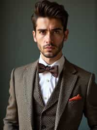 handsome and stylish man wearing a trendy tweed suit with a patterned bow tie and a contrasting vest