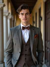 handsome and stylish man wearing a trendy tweed suit with a patterned bow tie and a contrasting vest