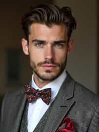 handsome and stylish man wearing a trendy tweed suit with a patterned bow tie and a contrasting vest