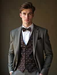 handsome and stylish man wearing a trendy tweed suit with a patterned bow tie and a contrasting vest