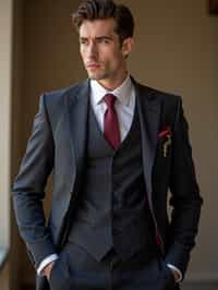 handsome and stylish man trying on a sophisticated pinstripe suit with a waistcoat and a burgundy tie