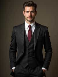 handsome and stylish man trying on a sophisticated pinstripe suit with a waistcoat and a burgundy tie