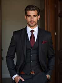 handsome and stylish man trying on a sophisticated pinstripe suit with a waistcoat and a burgundy tie