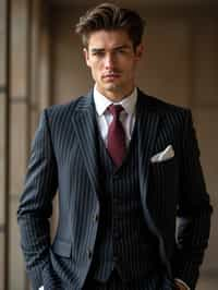 handsome and stylish man trying on a sophisticated pinstripe suit with a waistcoat and a burgundy tie