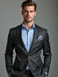 handsome and stylish man showcasing a modern slim-fit charcoal with a light blue dress shirt and a contrasting pocket square