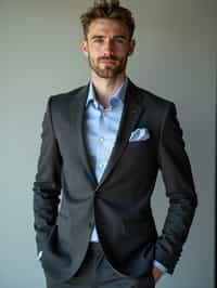 handsome and stylish man showcasing a modern slim-fit charcoal with a light blue dress shirt and a contrasting pocket square