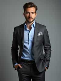 handsome and stylish man showcasing a modern slim-fit charcoal with a light blue dress shirt and a contrasting pocket square