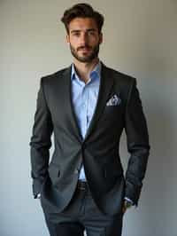 handsome and stylish man showcasing a modern slim-fit charcoal with a light blue dress shirt and a contrasting pocket square