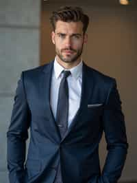 handsome and stylish man wearing a classic navy blue suit with a crisp white dress shirt and a patterned tie