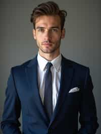 handsome and stylish man wearing a classic navy blue suit with a crisp white dress shirt and a patterned tie