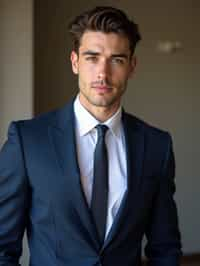 handsome and stylish man wearing a classic navy blue suit with a crisp white dress shirt and a patterned tie