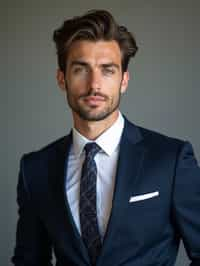 handsome and stylish man wearing a classic navy blue suit with a crisp white dress shirt and a patterned tie