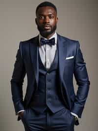 handsome and stylish man showcasing a unique windowpane check suit in a navy blue color with a patterned shirt and a contrasting bow tie