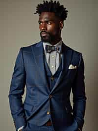 handsome and stylish man showcasing a unique windowpane check suit in a navy blue color with a patterned shirt and a contrasting bow tie