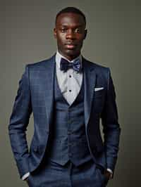 handsome and stylish man showcasing a unique windowpane check suit in a navy blue color with a patterned shirt and a contrasting bow tie