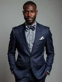 handsome and stylish man showcasing a unique windowpane check suit in a navy blue color with a patterned shirt and a contrasting bow tie