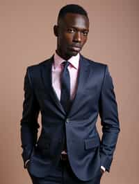 handsome and stylish man wearing a classic navy herringbone suit with a light pink dress shirt and a polka dot tie