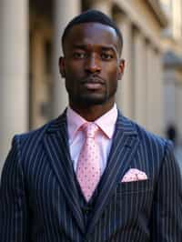 handsome and stylish man wearing a classic navy herringbone suit with a light pink dress shirt and a polka dot tie