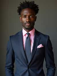 handsome and stylish man wearing a classic navy herringbone suit with a light pink dress shirt and a polka dot tie