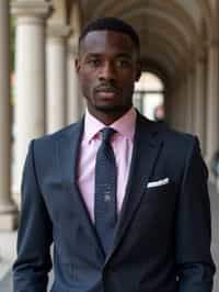 handsome and stylish man wearing a classic navy herringbone suit with a light pink dress shirt and a polka dot tie