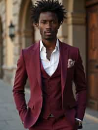 handsome and stylish man trying on a stylish three-piece suit in a rich burgundy color with a crisp white shirt and a paisley patterned pocket square