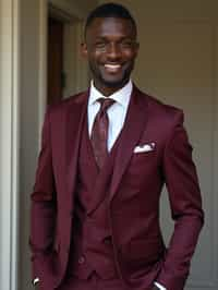 handsome and stylish man trying on a stylish three-piece suit in a rich burgundy color with a crisp white shirt and a paisley patterned pocket square