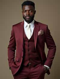 handsome and stylish man trying on a stylish three-piece suit in a rich burgundy color with a crisp white shirt and a paisley patterned pocket square