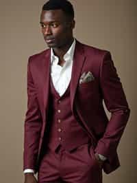 handsome and stylish man trying on a stylish three-piece suit in a rich burgundy color with a crisp white shirt and a paisley patterned pocket square