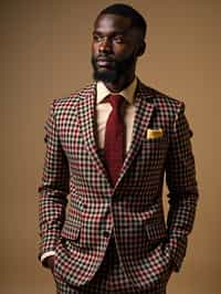 handsome and stylish man showcasing a dappersuit in a bold plaid pattern with a solid-colored shirt and a knitted tie