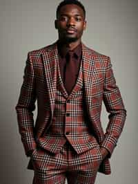 handsome and stylish man showcasing a dappersuit in a bold plaid pattern with a solid-colored shirt and a knitted tie